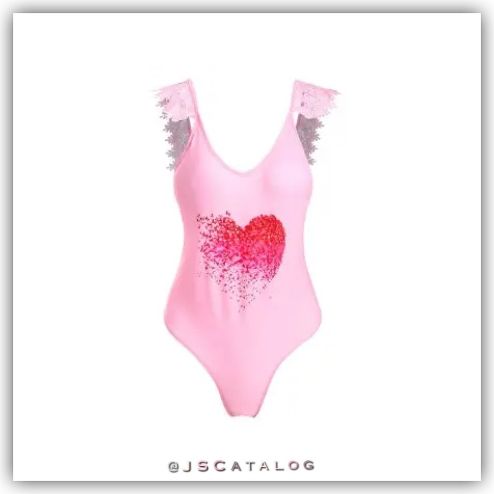One Piece Pink Heart Swimsuit with Lace Straps